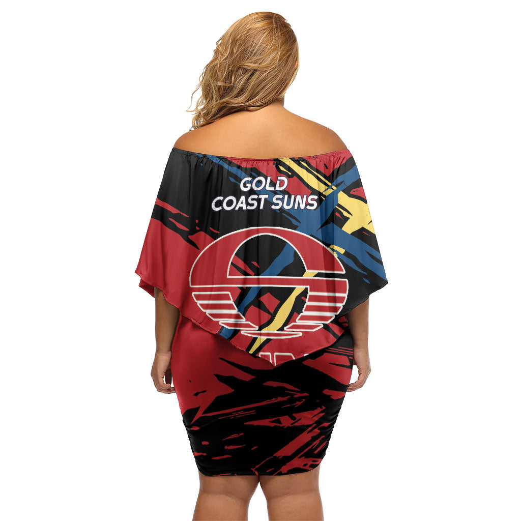 Gold Coast Suns Off Shoulder Short Dress Suns Muscular Mascot Graphic - Abstract Paint Splatter Art