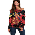 Gold Coast Suns Off Shoulder Sweater Suns Muscular Mascot Graphic - Abstract Paint Splatter Art