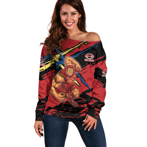 Gold Coast Suns Off Shoulder Sweater Suns Muscular Mascot Graphic - Abstract Paint Splatter Art