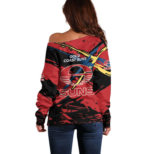 Gold Coast Suns Off Shoulder Sweater Suns Muscular Mascot Graphic - Abstract Paint Splatter Art