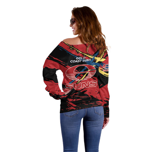 Gold Coast Suns Off Shoulder Sweater Suns Muscular Mascot Graphic - Abstract Paint Splatter Art