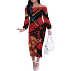 Gold Coast Suns Off The Shoulder Long Sleeve Dress Suns Muscular Mascot Graphic - Abstract Paint Splatter Art