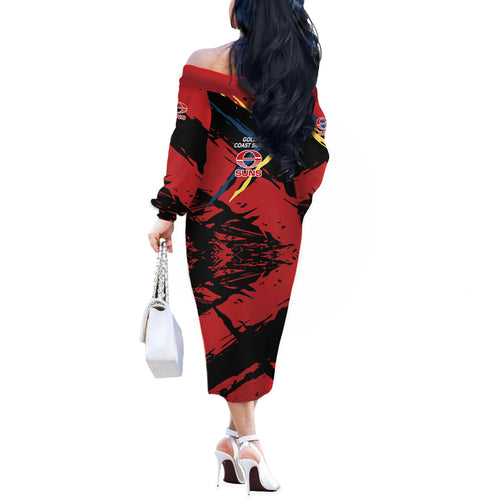 Gold Coast Suns Off The Shoulder Long Sleeve Dress Suns Muscular Mascot Graphic - Abstract Paint Splatter Art