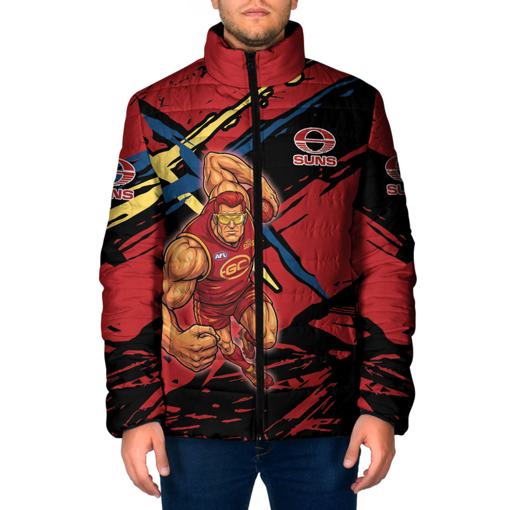 Gold Coast Suns Padded Jacket Suns Muscular Mascot Graphic - Abstract Paint Splatter Art