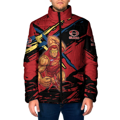 Gold Coast Suns Padded Jacket Suns Muscular Mascot Graphic - Abstract Paint Splatter Art