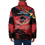 Gold Coast Suns Padded Jacket Suns Muscular Mascot Graphic - Abstract Paint Splatter Art