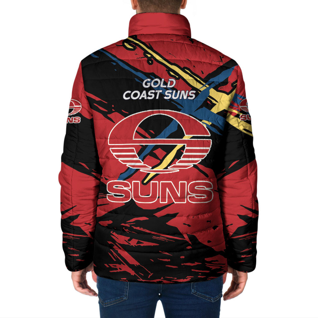 Gold Coast Suns Padded Jacket Suns Muscular Mascot Graphic - Abstract Paint Splatter Art