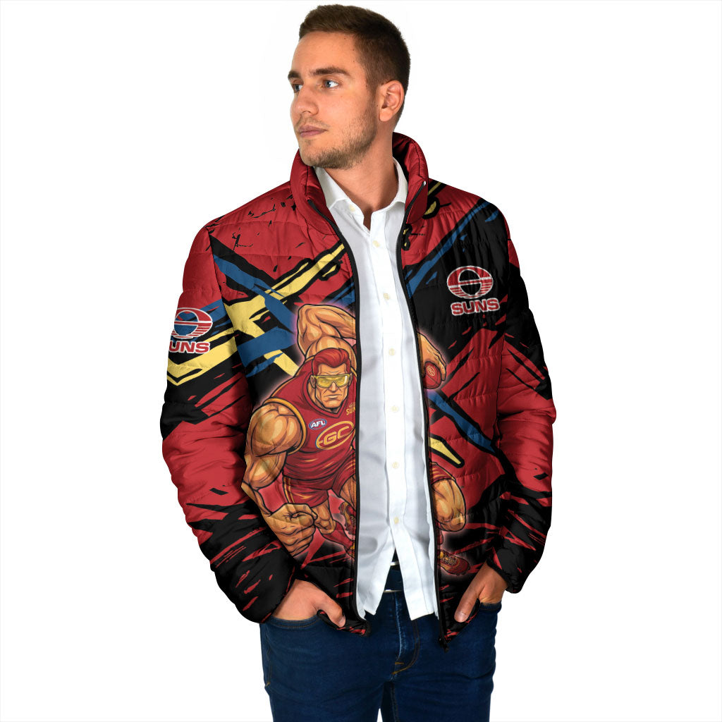 Gold Coast Suns Padded Jacket Suns Muscular Mascot Graphic - Abstract Paint Splatter Art