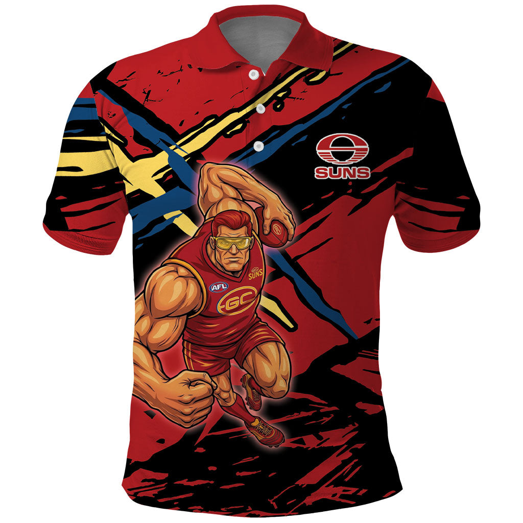 Gold Coast Suns Polo Shirt Suns Muscular Mascot Graphic - Abstract Paint Splatter Art