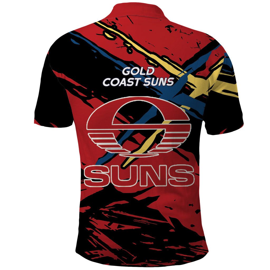 Gold Coast Suns Polo Shirt Suns Muscular Mascot Graphic - Abstract Paint Splatter Art