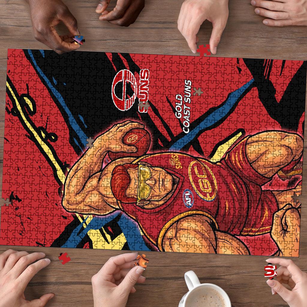 Gold Coast Suns Puzzle Suns Muscular Mascot Graphic - Abstract Paint Splatter Art