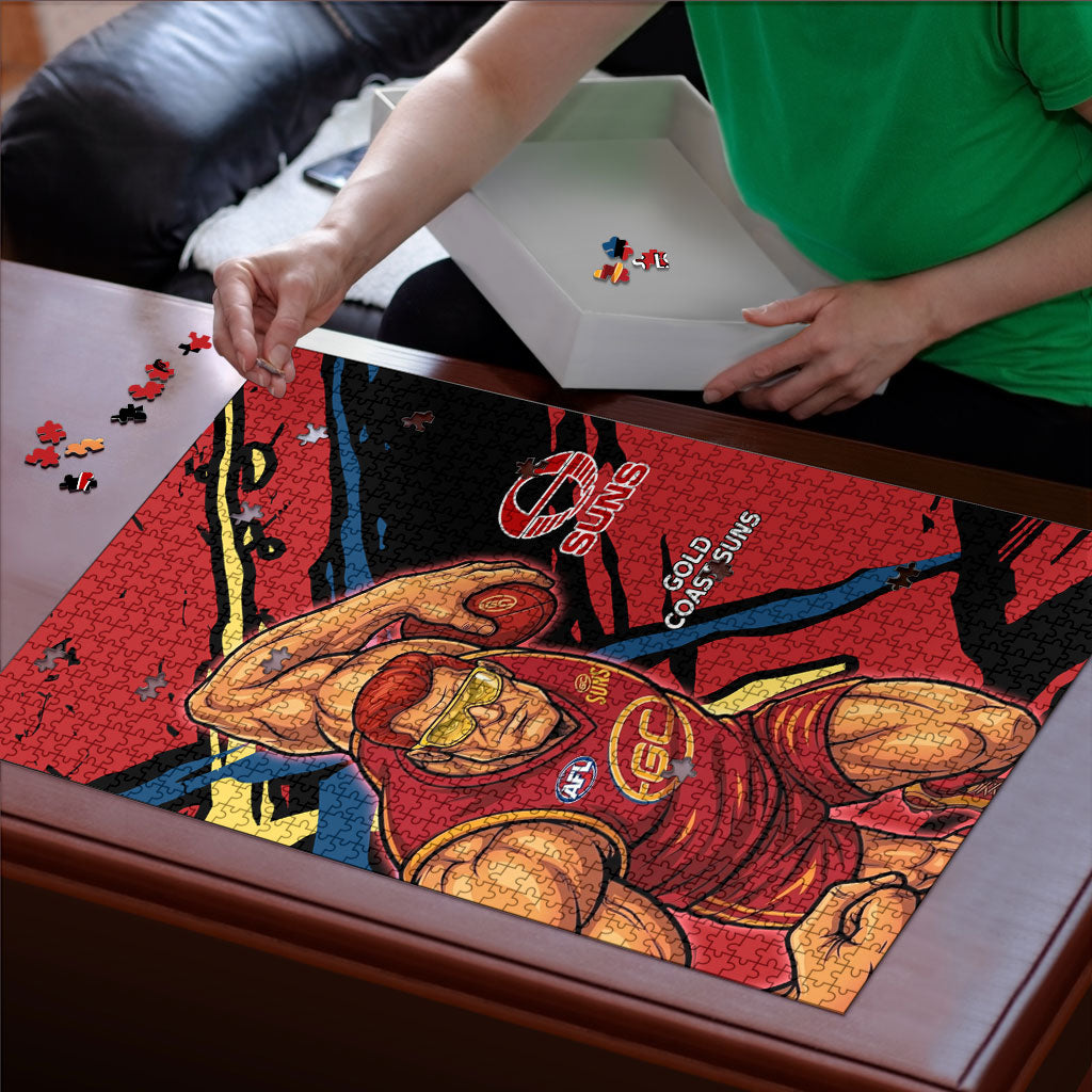 Gold Coast Suns Puzzle Suns Muscular Mascot Graphic - Abstract Paint Splatter Art