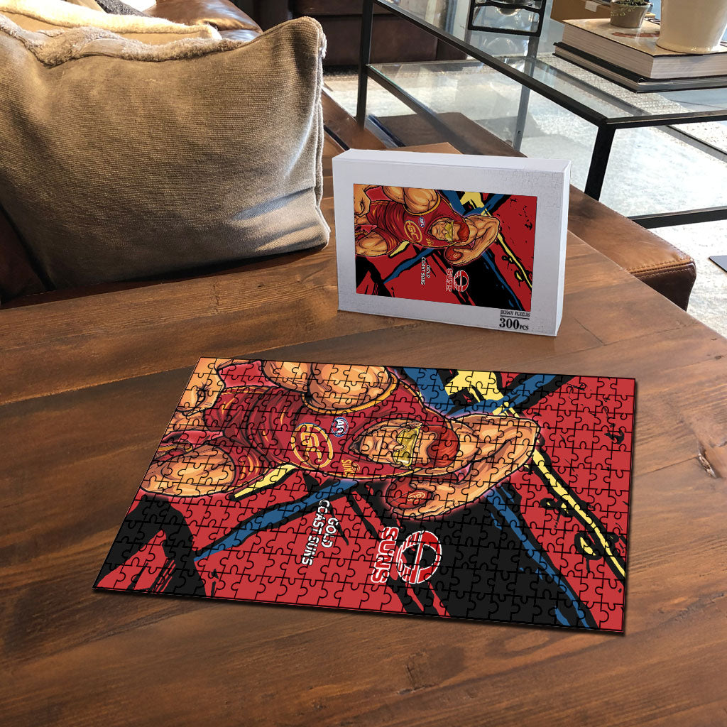 Gold Coast Suns Puzzle Suns Muscular Mascot Graphic - Abstract Paint Splatter Art