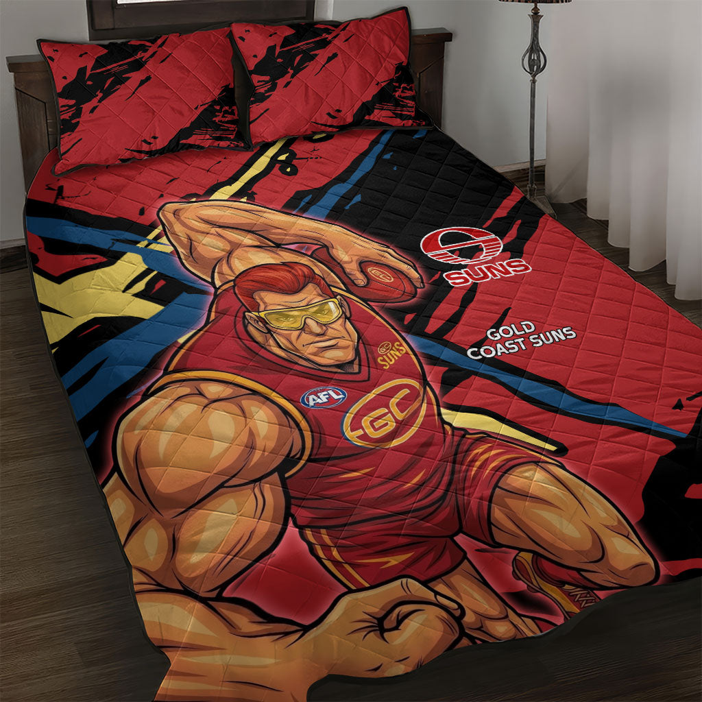 Gold Coast Suns Quilt Bed Set Suns Muscular Mascot Graphic - Abstract Paint Splatter Art