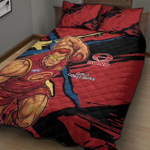 Gold Coast Suns Quilt Bed Set Suns Muscular Mascot Graphic - Abstract Paint Splatter Art