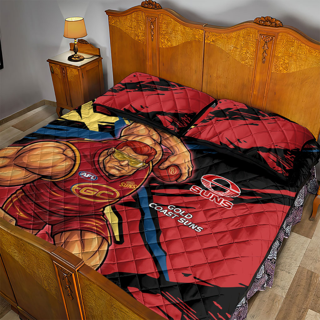 Gold Coast Suns Quilt Bed Set Suns Muscular Mascot Graphic - Abstract Paint Splatter Art
