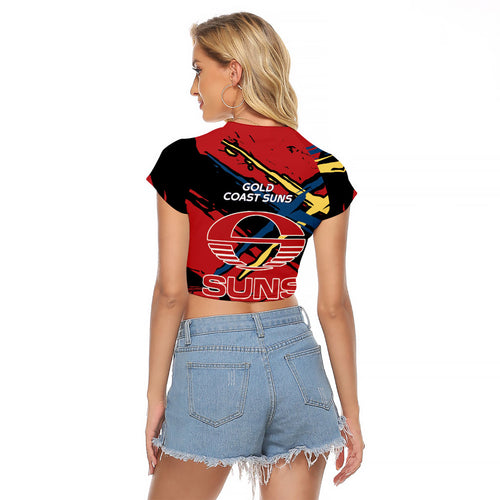 Gold Coast Suns Raglan Cropped T Shirt Suns Muscular Mascot Graphic - Abstract Paint Splatter Art