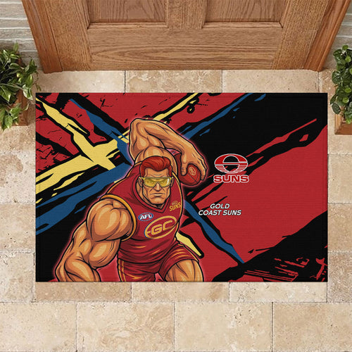 Gold Coast Suns Rubber Doormat Suns Muscular Mascot Graphic - Abstract Paint Splatter Art