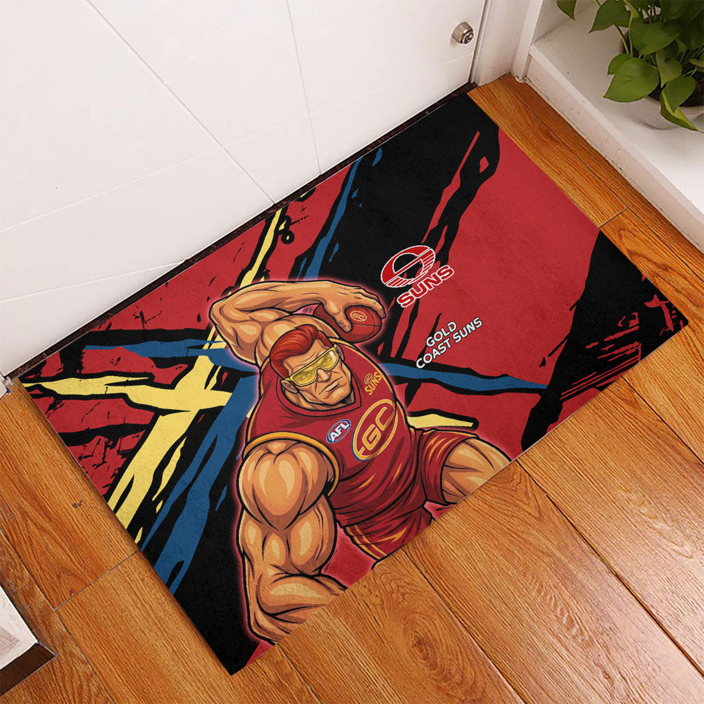 Gold Coast Suns Rubber Doormat Suns Muscular Mascot Graphic - Abstract Paint Splatter Art