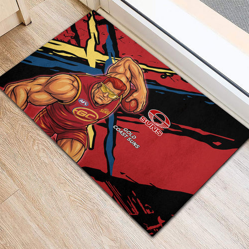 Gold Coast Suns Rubber Doormat Suns Muscular Mascot Graphic - Abstract Paint Splatter Art