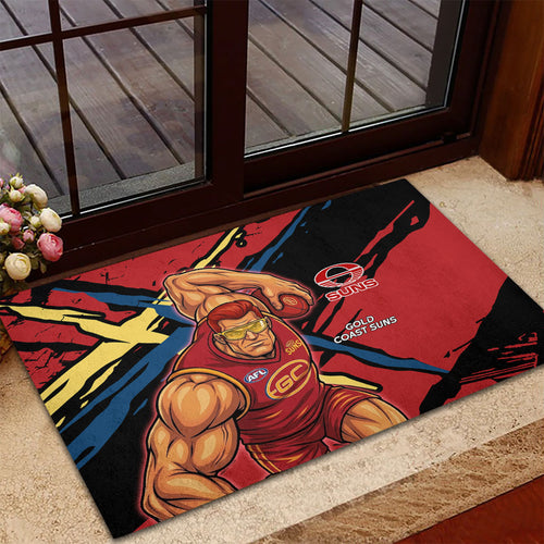 Gold Coast Suns Rubber Doormat Suns Muscular Mascot Graphic - Abstract Paint Splatter Art
