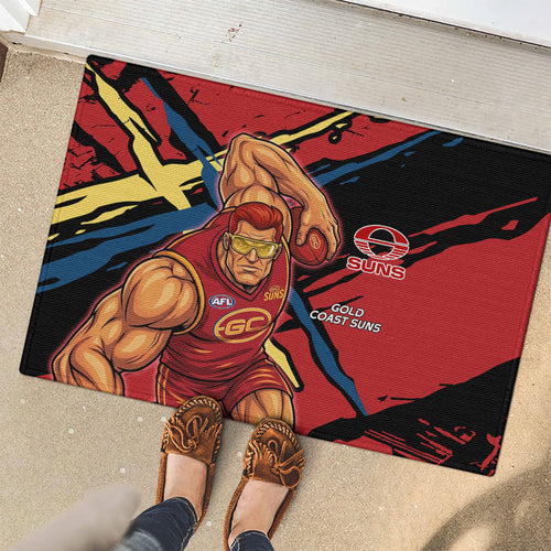 Gold Coast Suns Rubber Doormat Suns Muscular Mascot Graphic - Abstract Paint Splatter Art
