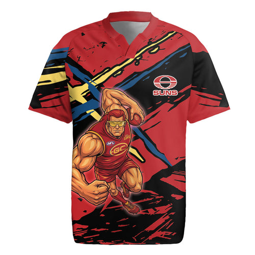 Gold Coast Suns Rugby Jersey Suns Muscular Mascot Graphic - Abstract Paint Splatter Art