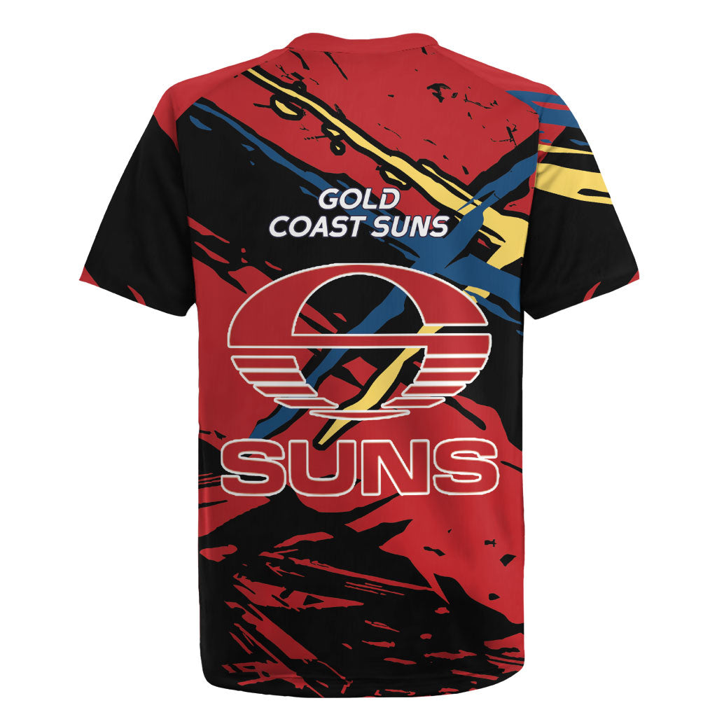 Gold Coast Suns Rugby Jersey Suns Muscular Mascot Graphic - Abstract Paint Splatter Art