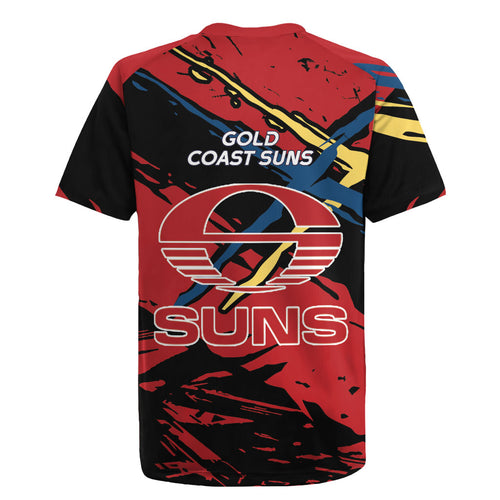 Gold Coast Suns Rugby Jersey Suns Muscular Mascot Graphic - Abstract Paint Splatter Art
