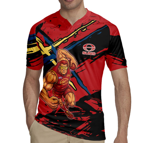 Gold Coast Suns Rugby Jersey Suns Muscular Mascot Graphic - Abstract Paint Splatter Art