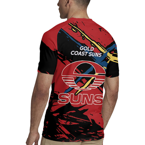 Gold Coast Suns Rugby Jersey Suns Muscular Mascot Graphic - Abstract Paint Splatter Art