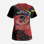 Gold Coast Suns Scrub Top Suns Muscular Mascot Graphic - Abstract Paint Splatter Art
