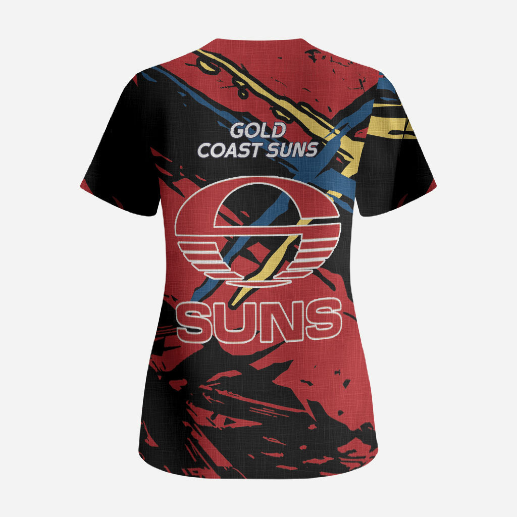 Gold Coast Suns Scrub Top Suns Muscular Mascot Graphic - Abstract Paint Splatter Art