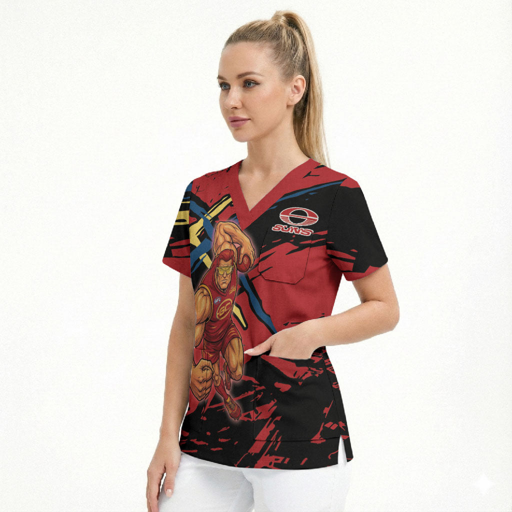 Gold Coast Suns Scrub Top Suns Muscular Mascot Graphic - Abstract Paint Splatter Art