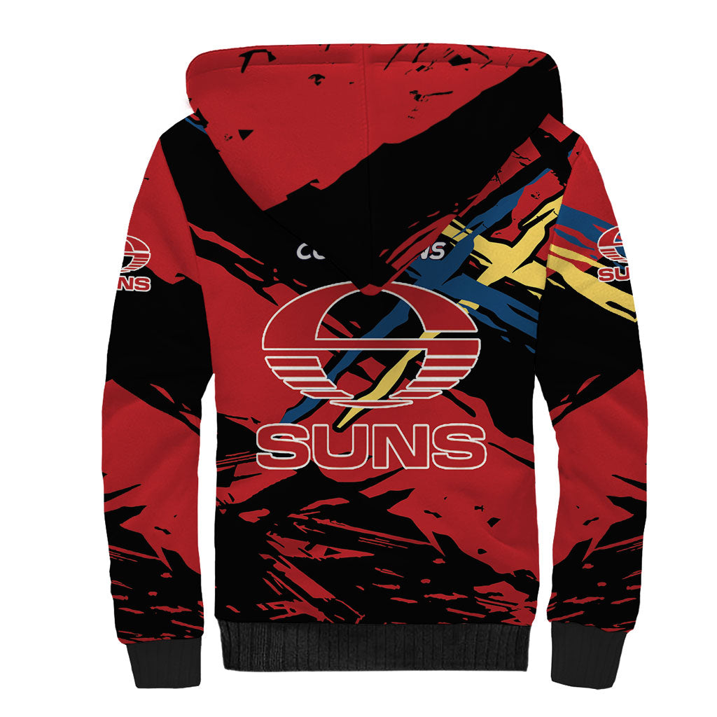 Gold Coast Suns Sherpa Hoodie Suns Muscular Mascot Graphic - Abstract Paint Splatter Art