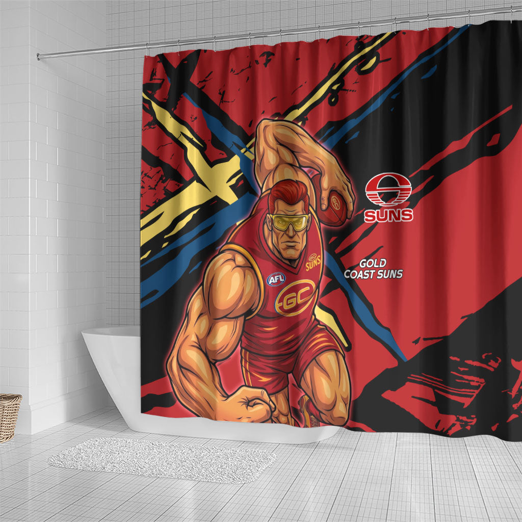 Gold Coast Suns Shower Curtain Suns Muscular Mascot Graphic - Abstract Paint Splatter Art