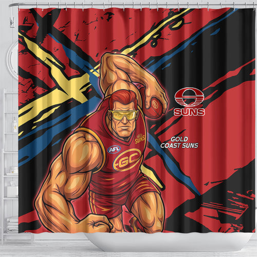 Gold Coast Suns Shower Curtain Suns Muscular Mascot Graphic - Abstract Paint Splatter Art