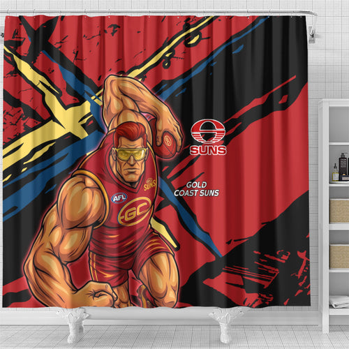 Gold Coast Suns Shower Curtain Suns Muscular Mascot Graphic - Abstract Paint Splatter Art