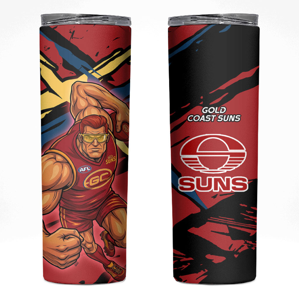 Gold Coast Suns Skinny Tumbler Suns Muscular Mascot Graphic - Abstract Paint Splatter Art