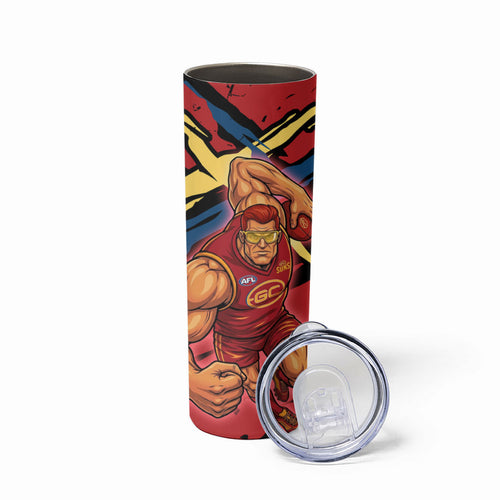 Gold Coast Suns Skinny Tumbler Suns Muscular Mascot Graphic - Abstract Paint Splatter Art