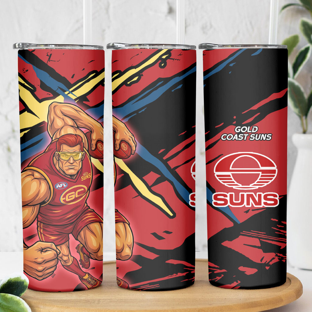Gold Coast Suns Skinny Tumbler Suns Muscular Mascot Graphic - Abstract Paint Splatter Art