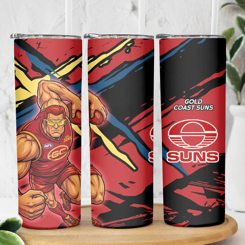 Gold Coast Suns Skinny Tumbler Suns Muscular Mascot Graphic - Abstract Paint Splatter Art