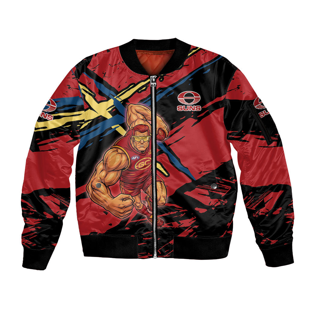 Gold Coast Suns Sleeve Zip Bomber Jacket Suns Muscular Mascot Graphic - Abstract Paint Splatter Art