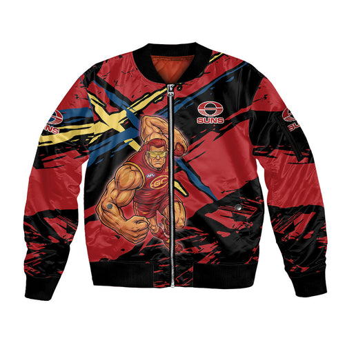 Gold Coast Suns Sleeve Zip Bomber Jacket Suns Muscular Mascot Graphic - Abstract Paint Splatter Art