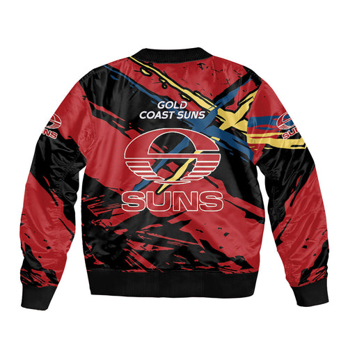 Gold Coast Suns Sleeve Zip Bomber Jacket Suns Muscular Mascot Graphic - Abstract Paint Splatter Art