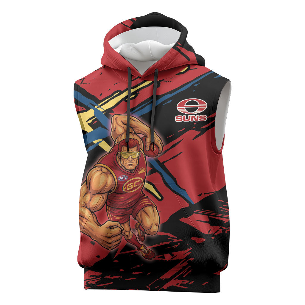 Gold Coast Suns Sleeveless Hoodie Suns Muscular Mascot Graphic - Abstract Paint Splatter Art