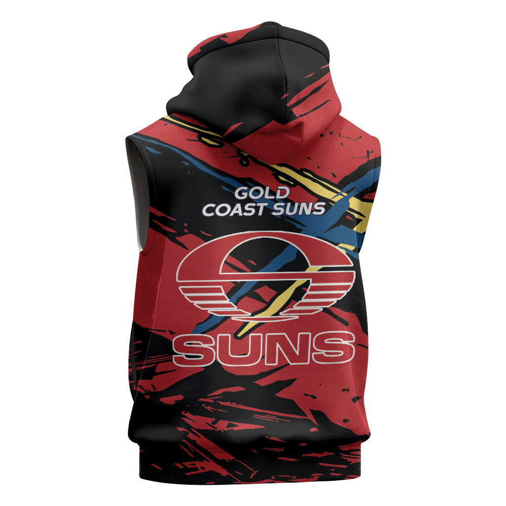Gold Coast Suns Sleeveless Hoodie Suns Muscular Mascot Graphic - Abstract Paint Splatter Art