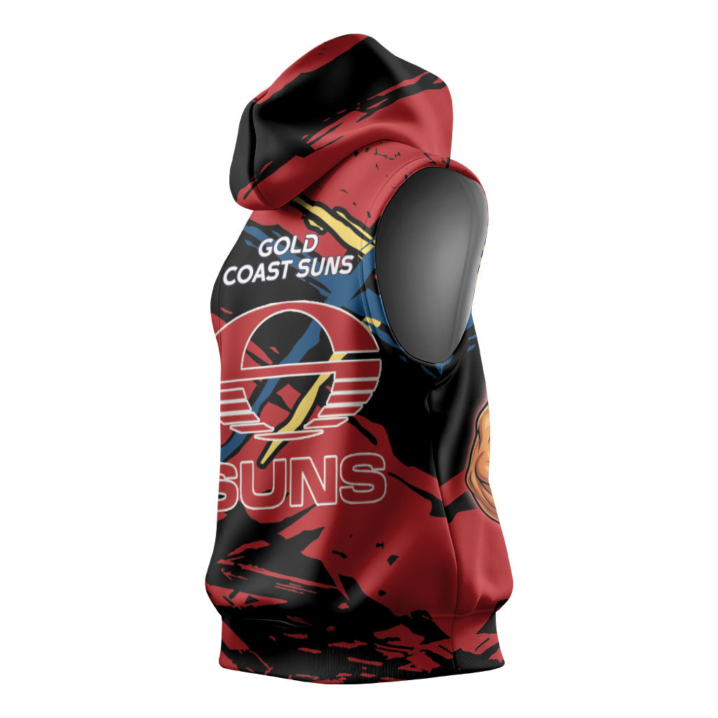 Gold Coast Suns Sleeveless Hoodie Suns Muscular Mascot Graphic - Abstract Paint Splatter Art