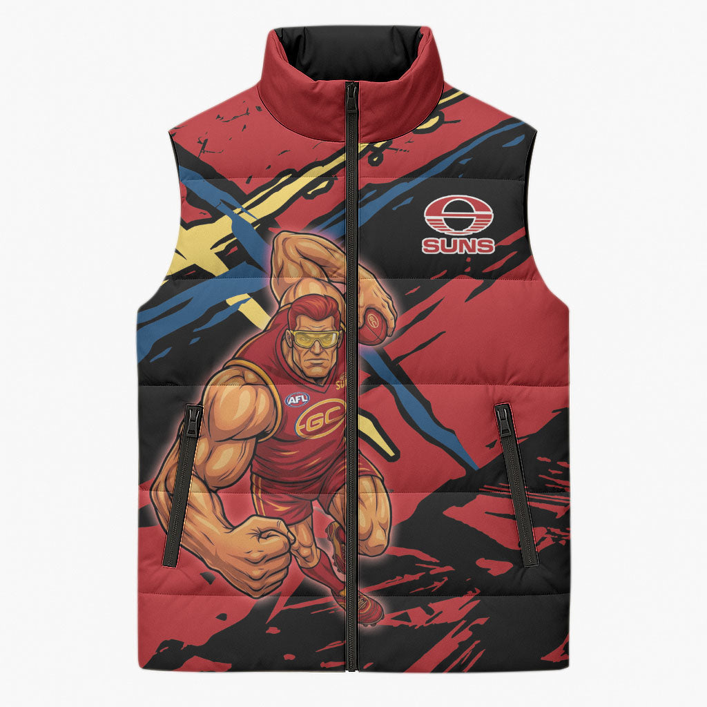 Gold Coast Suns Sleeveless Puffer Jacket Suns Muscular Mascot Graphic - Abstract Paint Splatter Art