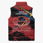 Gold Coast Suns Sleeveless Puffer Jacket Suns Muscular Mascot Graphic - Abstract Paint Splatter Art